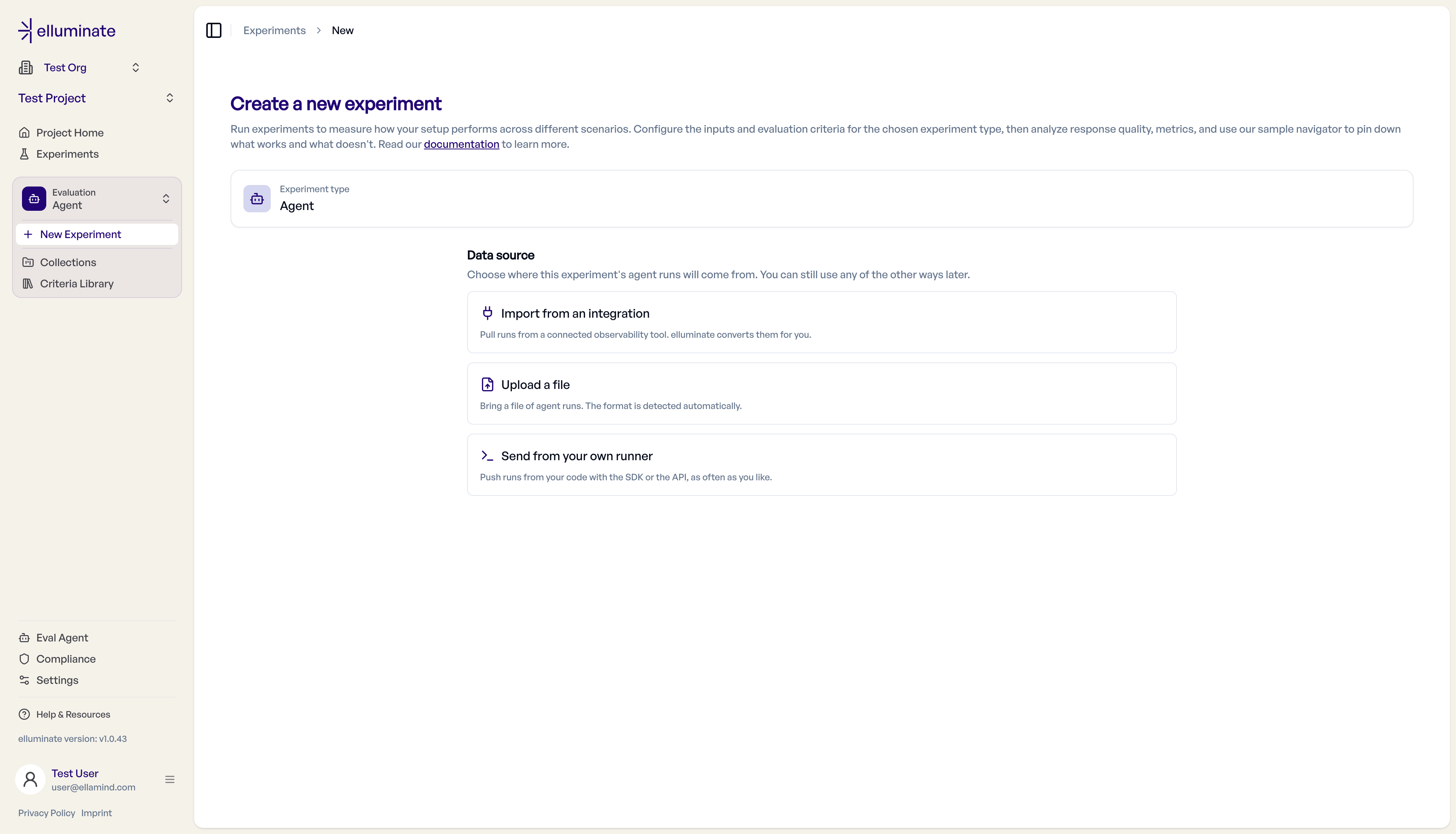 The Data source step of a new Agent experiment