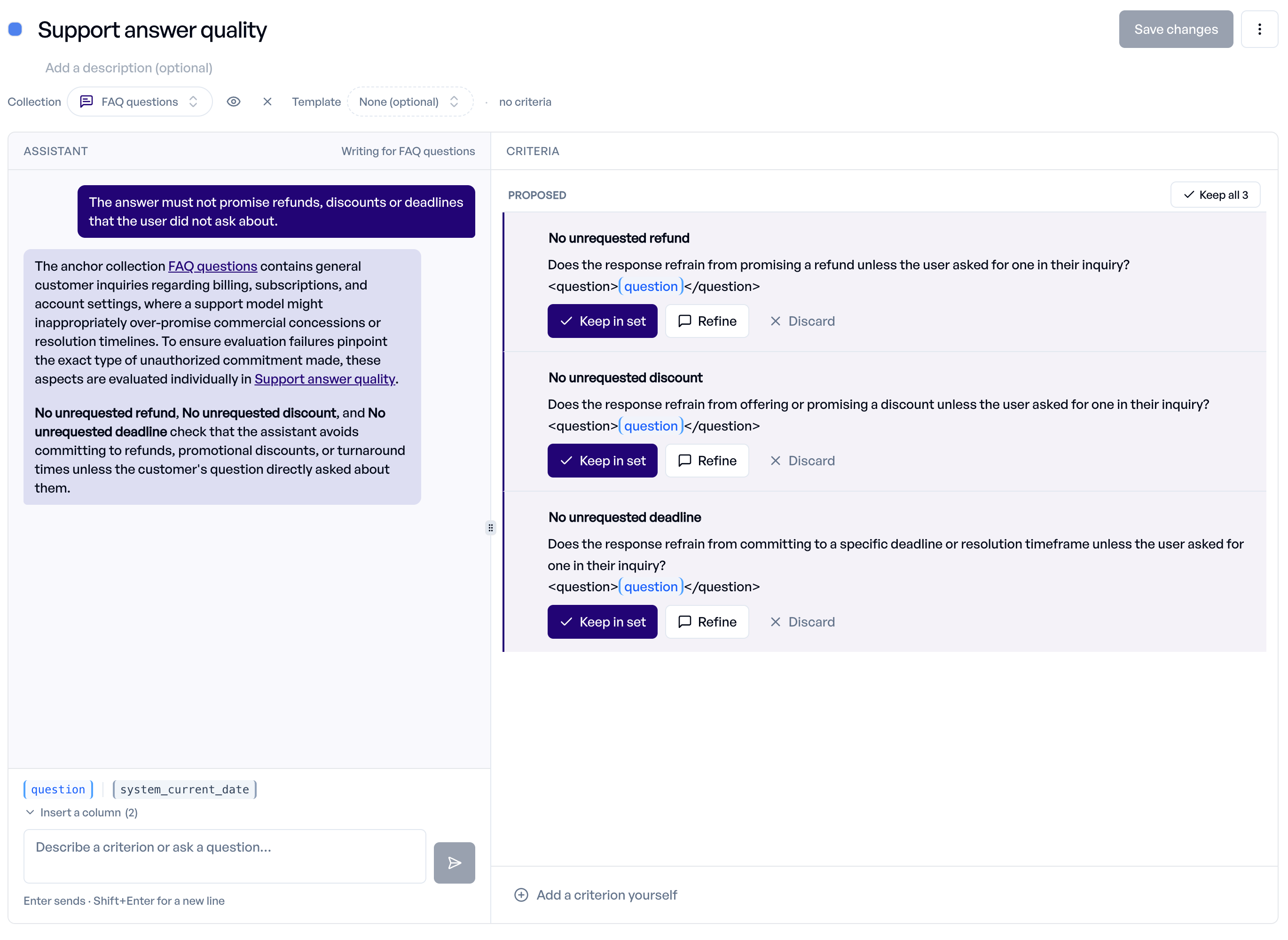 The criteria workbench with the assistant on the left and proposed criteria on the right