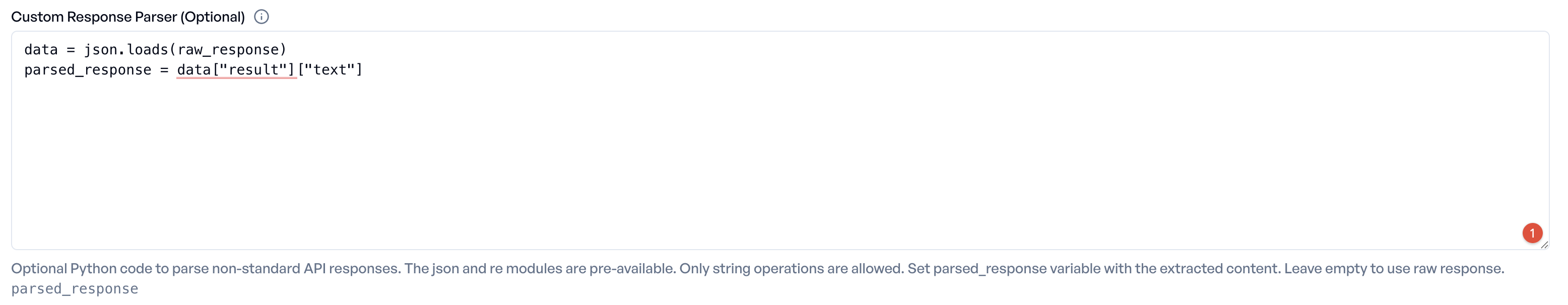 Screenshot: Custom response parser field