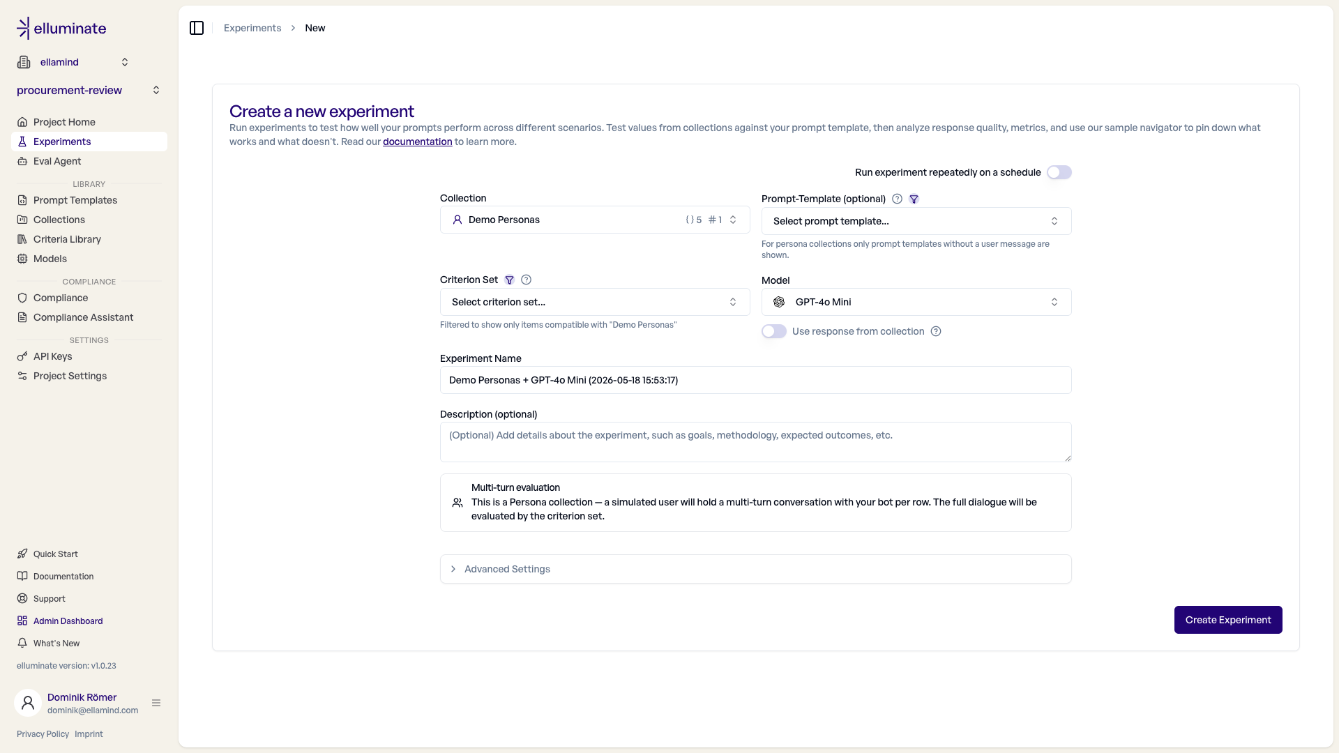 New Experiment form with the Multi-turn evaluation banner