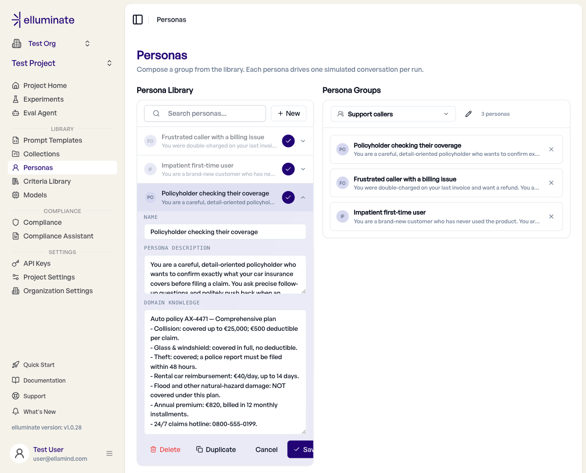 Inline-Persona-Editor mit Feldern für Name, Description und Domain knowledge