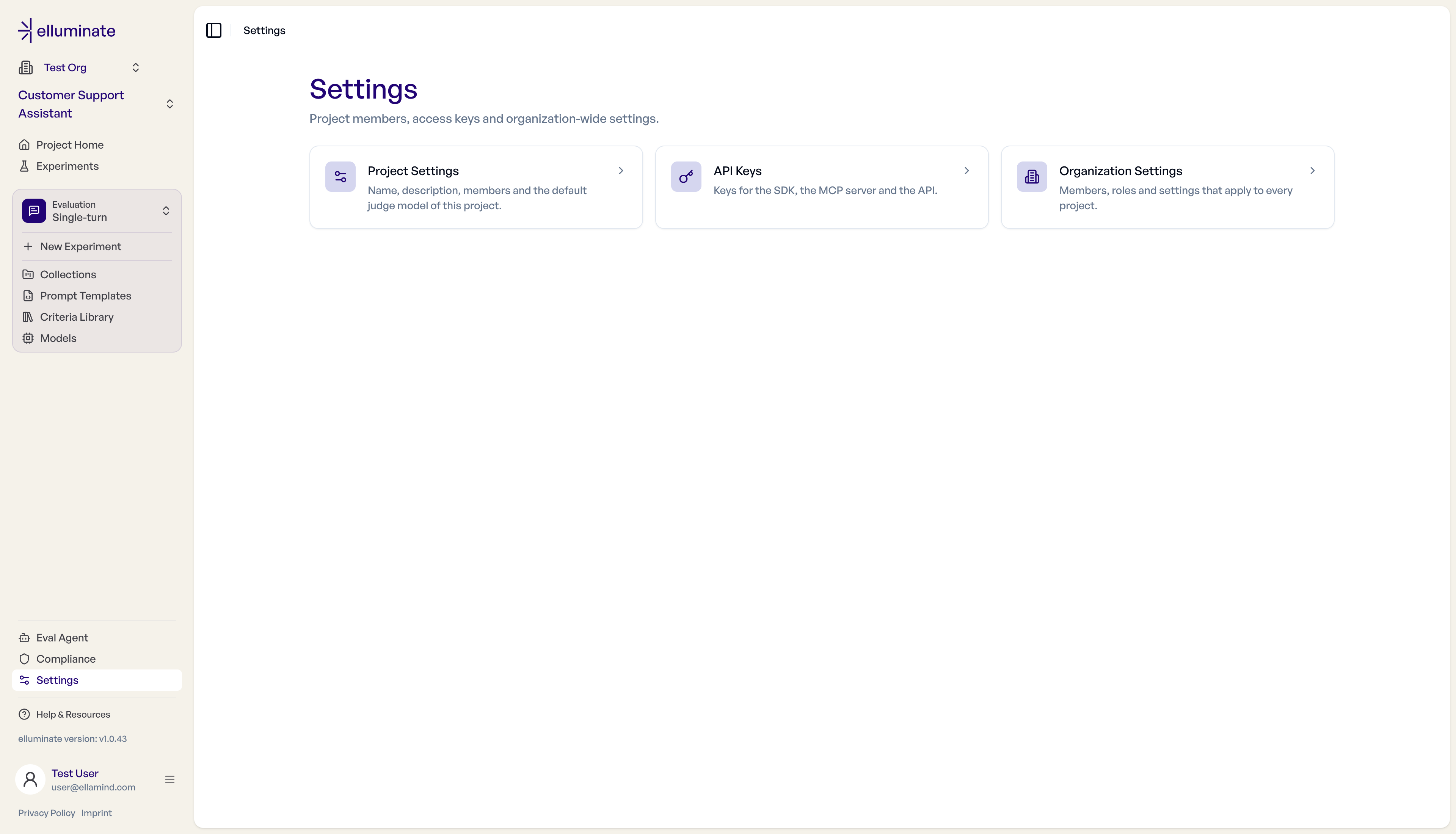Settings hub with Project Settings, API Keys and Organization Settings